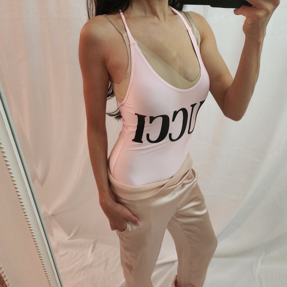 Gucci Black Pink Bodysuit Bathing Suit One Piece Fashion Halter Neck Layers - Picture 3 of 10